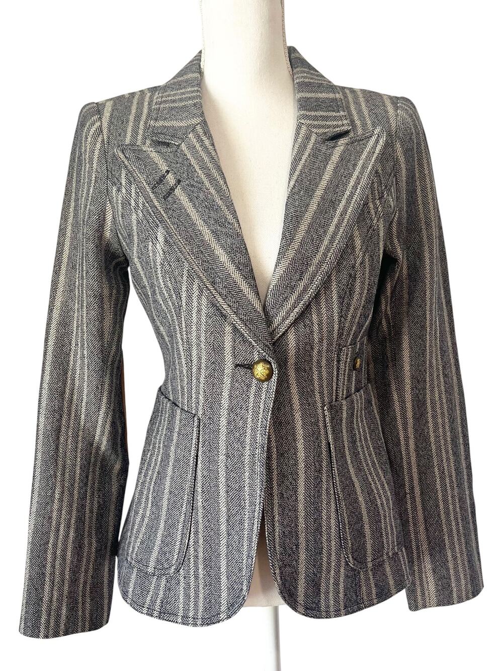 NWT Smythe Tweed Duchess Blazer Grey Stripe Rust Suede Elbow Patch Wool Size 4